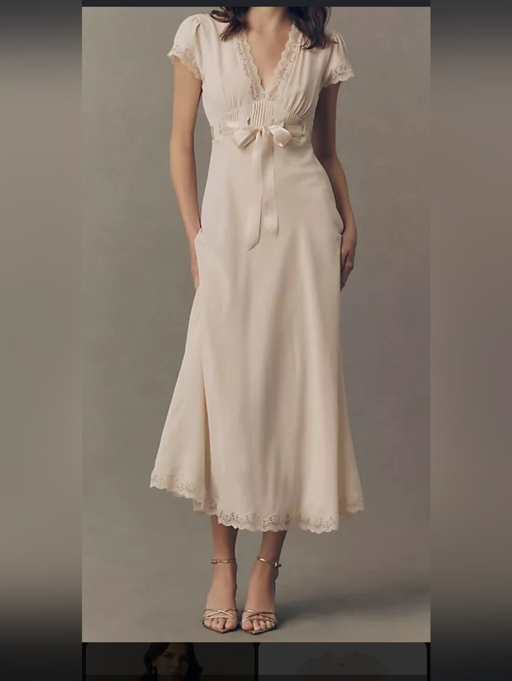 RIXO Cream Lace-Trim Midi Dress with Ribbon Waist